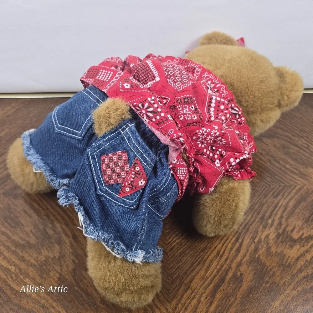 Build A Bear Girl Teddy Vintage Classic Brown Denim Western‎ Outfit Farmer Train